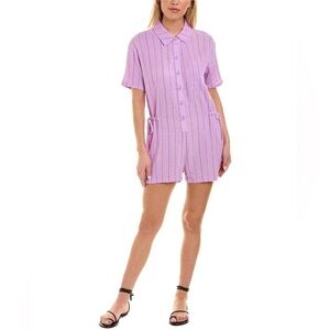 Monrow Pinstripe Gauze Purple Button Front Short Sleeve Romper Size Medium